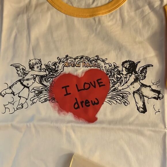 drewhouse Cream and yellow short sleeve ringer T-shirt w 2 cherubs, heart NWT L - Picture 2 of 10